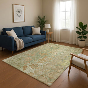 HomeRoots 10' X 14' Artichoke Green Gray Beige Abstract Washable Area Rug - UV Protected & Stain Resistant 708826
