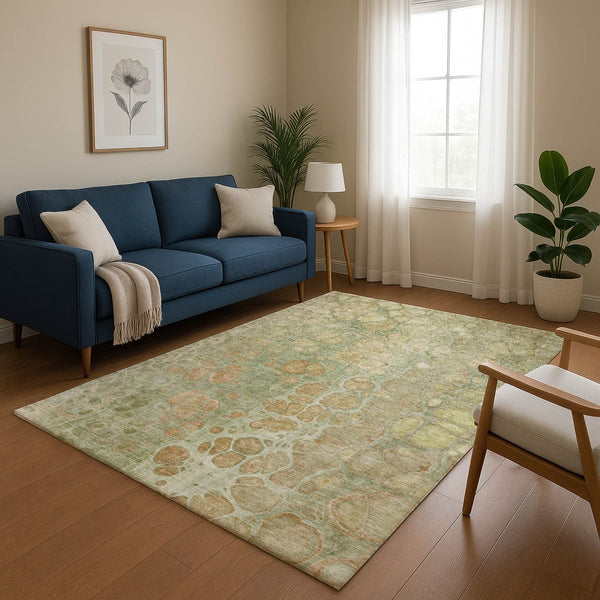 HomeRoots 10' X 14' Artichoke Green Gray Beige Abstract Washable Area Rug - UV Protected & Stain Resistant 708826