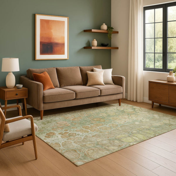 HomeRoots 10' X 14' Artichoke Green Gray Beige Abstract Washable Area Rug - UV Protected & Stain Resistant 708826