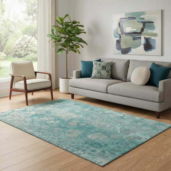 HomeRoots 8' Washable Aqua Gray Silver Abstract Round Rug - UV Protected, Durable & Stylish for High-Traffic Areas 708829
