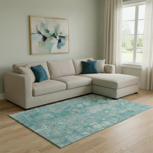 HomeRoots 9' X 12' Aqua Gray & Silver Abstract Washable Area Rug - Durable, UV Protected, Non-Slip Design! 708831