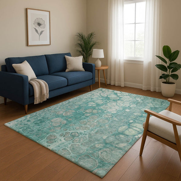 HomeRoots 9' X 12' Aqua Gray & Silver Abstract Washable Area Rug - Durable, UV Protected, Non-Slip Design! 708831