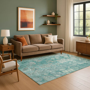 HomeRoots 9' X 12' Aqua Gray & Silver Abstract Washable Area Rug - Durable, UV Protected, Non-Slip Design! 708831