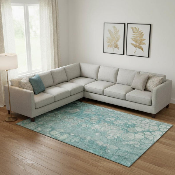 HomeRoots 10' Aqua Gray & Silver Abstract Washable Area Rug - UV Protected, Stain Resistant, Modern Design 708832