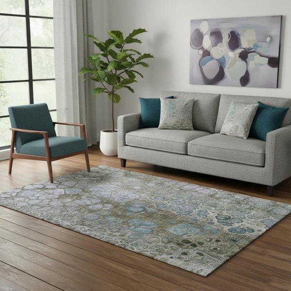 HomeRoots 8' Washable Round Rug in Brown, Blue & Gray - UV-Protected, Durable, Modern Accent for Any Space 708835