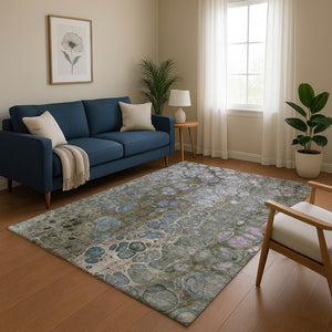 HomeRoots 8' Washable Round Rug in Brown, Blue & Gray - UV-Protected, Durable, Modern Accent for Any Space 708835
