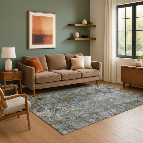 HomeRoots 8' Washable Round Rug in Brown, Blue & Gray - UV-Protected, Durable, Modern Accent for Any Space 708835