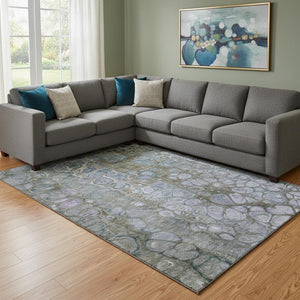 HomeRoots 9' X 12' Washable Area Rug in Brown, Blue & Gray - Stylish, Durable, UV-Protected for Homes with Kids 708837