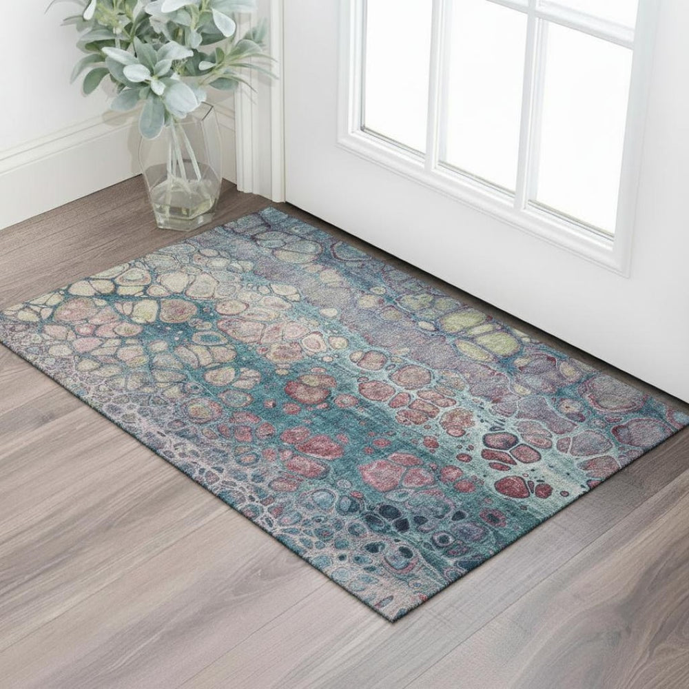 HomeRoots 5' X 8' Teal Plum Beige Abstract Area Rug - Washable, UV Protected, Stylish & Durable for Any Room 708840