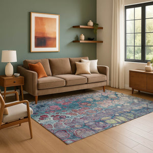 HomeRoots 5' X 8' Teal Plum Beige Abstract Area Rug - Washable, UV Protected, Stylish & Durable for Any Room 708840