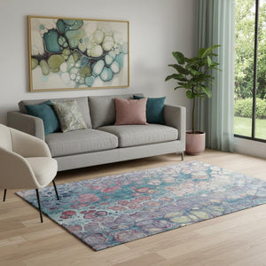 HomeRoots 8' Teal Plum Beige Abstract Washable Round Rug - UV Protected, Stain Resistant, Ideal for Any Space 708841