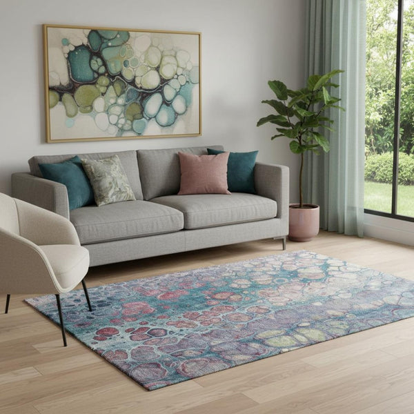 HomeRoots 8' Teal Plum Beige Abstract Washable Round Rug - UV Protected, Stain Resistant, Ideal for Any Space 708841