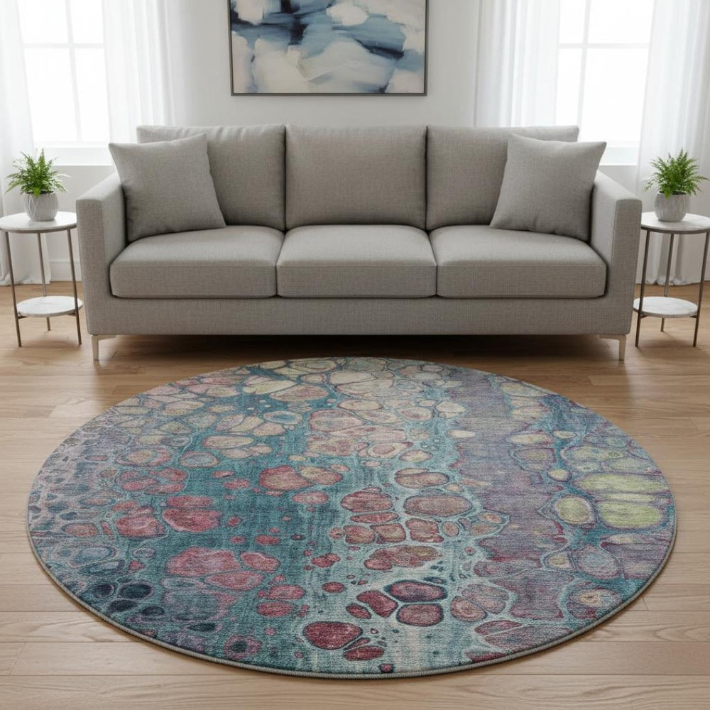 HomeRoots 8' X 10' Teal Plum Beige Abstract Washable Area Rug - Pet-Friendly, UV Resistant, Modern Décor Essential 708842