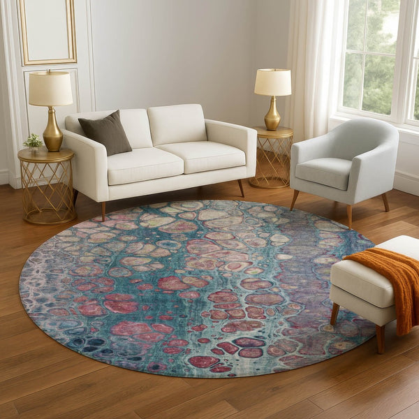 HomeRoots 8' X 10' Teal Plum Beige Abstract Washable Area Rug - Pet-Friendly, UV Resistant, Modern Décor Essential 708842