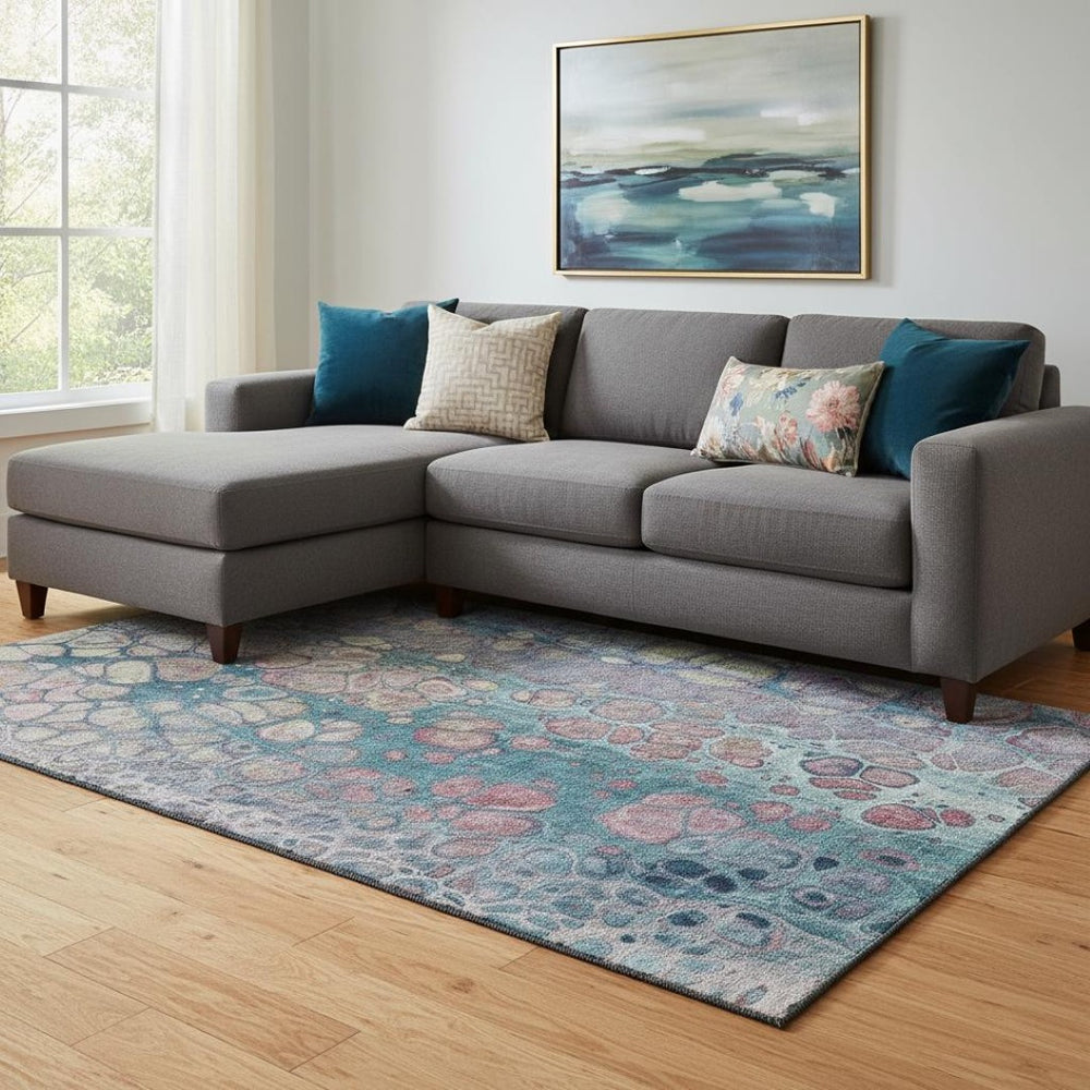 HomeRoots 9' X 12' Teal Plum Beige Abstract Washable Area Rug - Durable, Stain-Resistant, UV-Protected Beauty! 708843