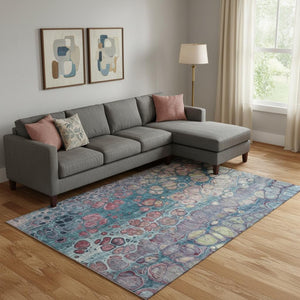 HomeRoots 10' Vibrant Teal, Plum & Beige Abstract Washable Area Rug with UV Protection for High-Traffic Spaces 708844