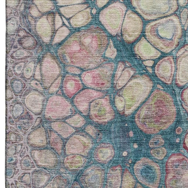 HomeRoots 10' Vibrant Teal, Plum & Beige Abstract Washable Area Rug with UV Protection for High-Traffic Spaces 708844