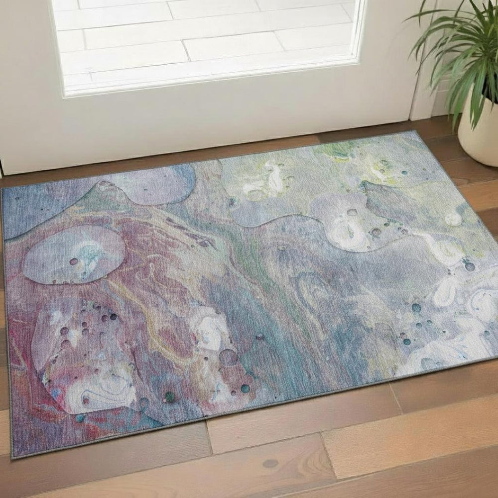 HomeRoots 5' Vibrant Blue Purple Green Abstract Washable Area Rug with UV Protection for High-Traffic Homes 708846