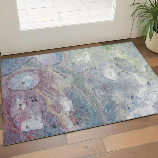 HomeRoots 5' Vibrant Blue Purple Green Abstract Washable Area Rug with UV Protection for High-Traffic Homes 708846