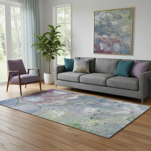 HomeRoots 8' Washable Abstract Round Rug in Blue, Purple & Green - Durable, Stain-Resistant, UV-Protected Design 708847