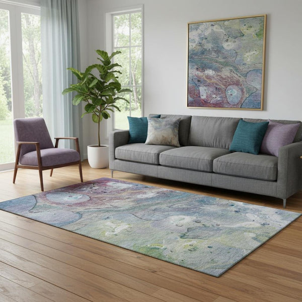 HomeRoots 8' Washable Abstract Round Rug in Blue, Purple & Green - Durable, Stain-Resistant, UV-Protected Design 708847
