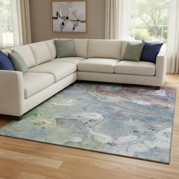 HomeRoots 9' X 12' Washable Abstract Area Rug in Blue, Purple & Green - UV Protected, Stain-Resistant Design 708849