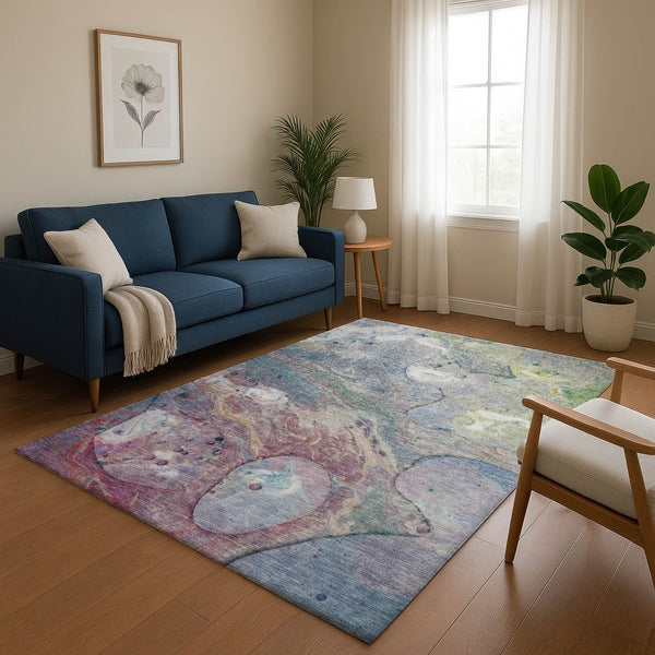 HomeRoots 9' X 12' Washable Abstract Area Rug in Blue, Purple & Green - UV Protected, Stain-Resistant Design 708849