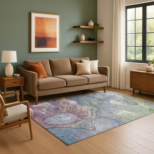 HomeRoots 9' X 12' Washable Abstract Area Rug in Blue, Purple & Green - UV Protected, Stain-Resistant Design 708849