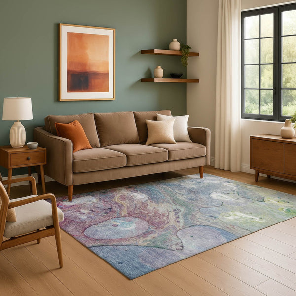 HomeRoots 9' X 12' Washable Abstract Area Rug in Blue, Purple & Green - UV Protected, Stain-Resistant Design 708849