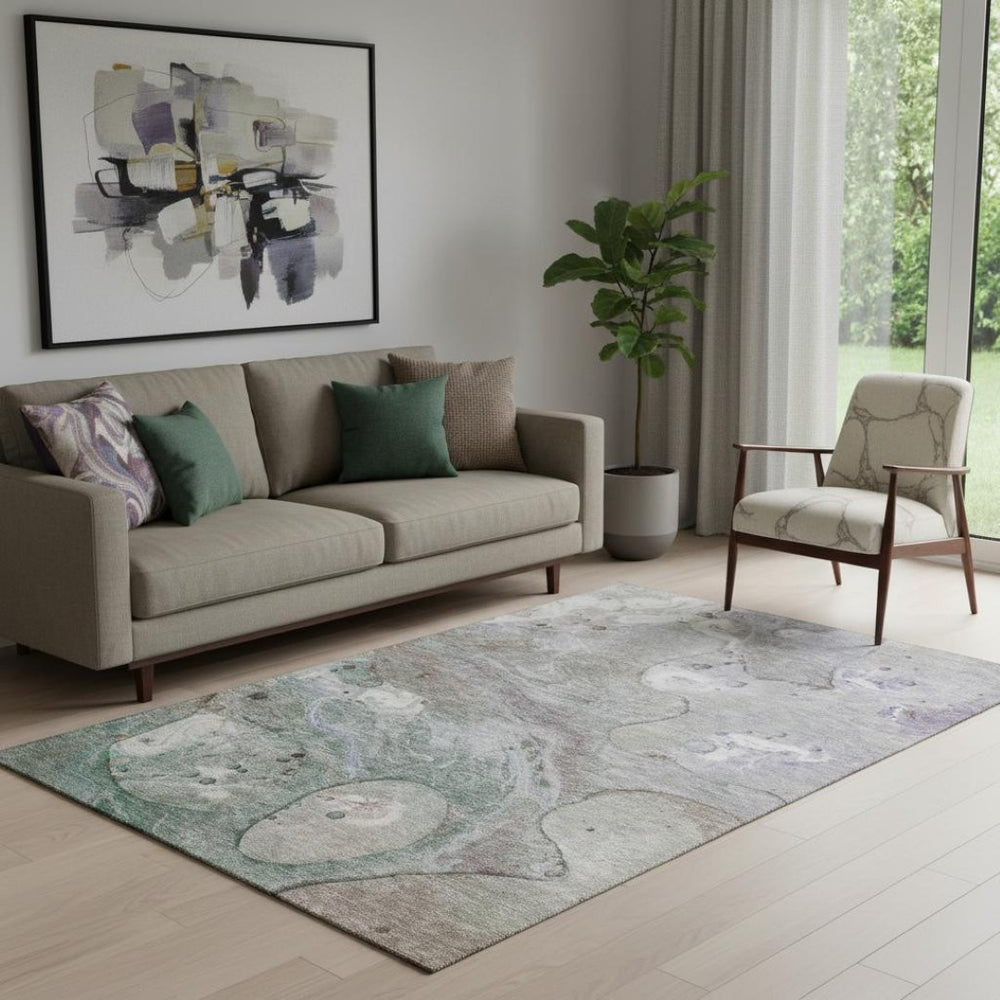 HomeRoots 8' Stylish Khaki Beige & Purple Abstract Round Rug - Washable, UV-Protected, Perfect for Kids & Pets 708853
