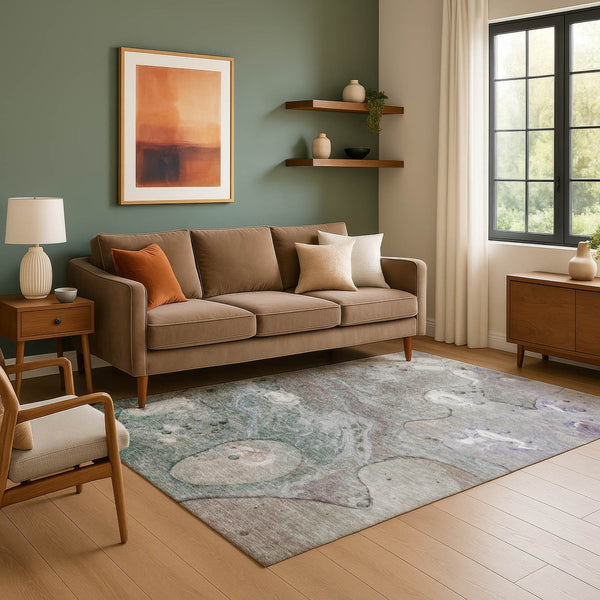 HomeRoots 9' X 12' Khaki Beige & Purple Abstract Washable Area Rug - UV Protected, Stain Resistant, Non-Slip 708855