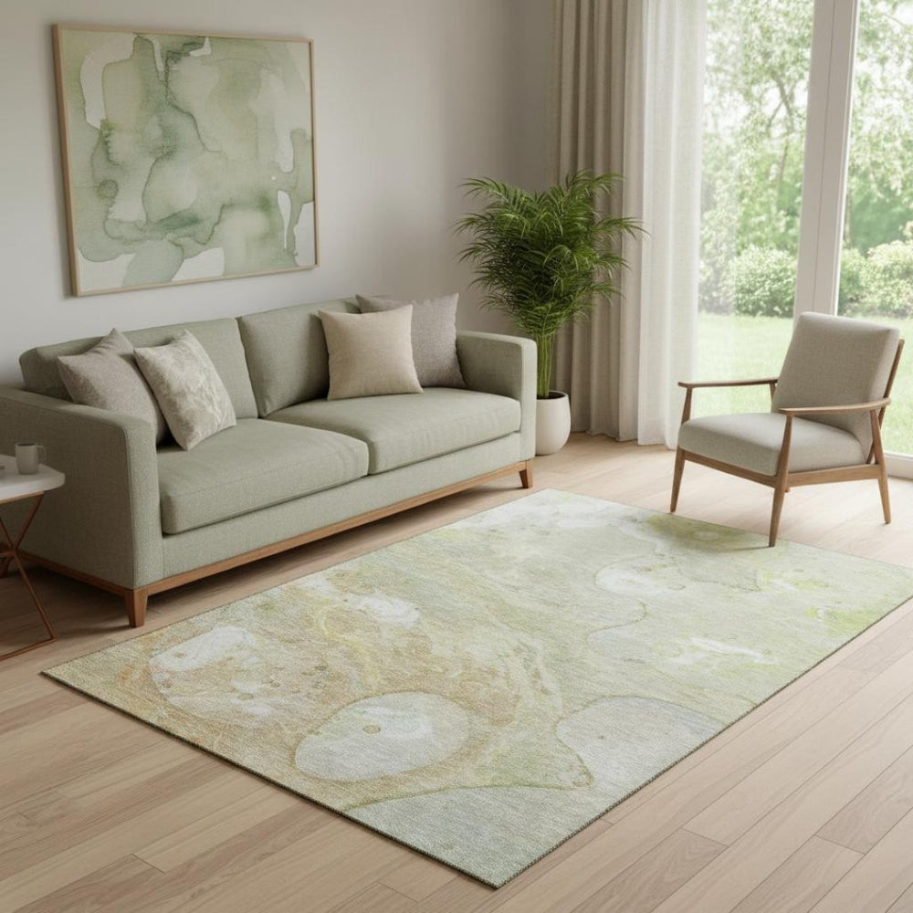 HomeRoots 8' Washable Round Rug in Linen Ivory & Soft Green - Modern Abstract Design with UV Protection & Durability 708859