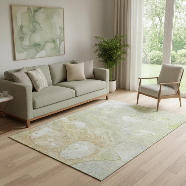 HomeRoots 8' Washable Round Rug in Linen Ivory & Soft Green - Modern Abstract Design with UV Protection & Durability 708859