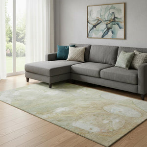 HomeRoots 9' X 12' Linen Ivory & Green Abstract Area Rug - Washable, UV Resistant, Modern Design for Homes 708861