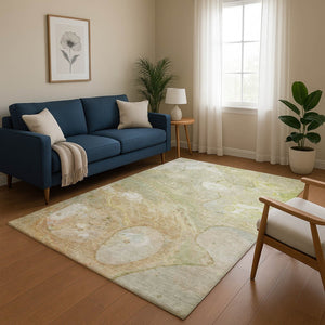 HomeRoots 9' X 12' Linen Ivory & Green Abstract Area Rug - Washable, UV Resistant, Modern Design for Homes 708861