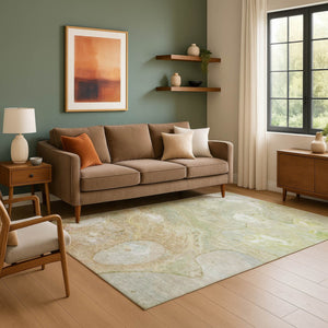 HomeRoots 9' X 12' Linen Ivory & Green Abstract Area Rug - Washable, UV Resistant, Modern Design for Homes 708861