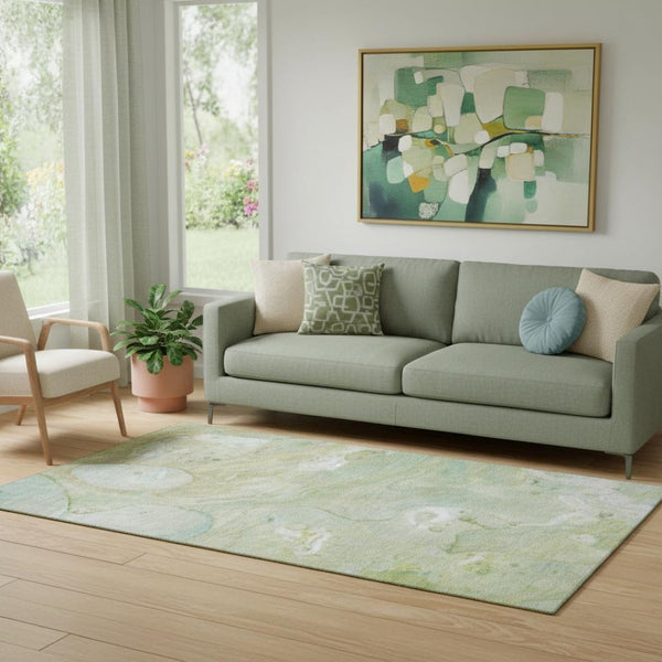 HomeRoots 8' Sage and Teal Abstract Round Rug - Washable, UV-Protected, Durable Design for Modern Homes 708865
