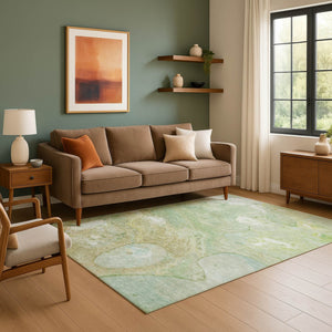 HomeRoots 8' Sage and Teal Abstract Round Rug - Washable, UV-Protected, Durable Design for Modern Homes 708865