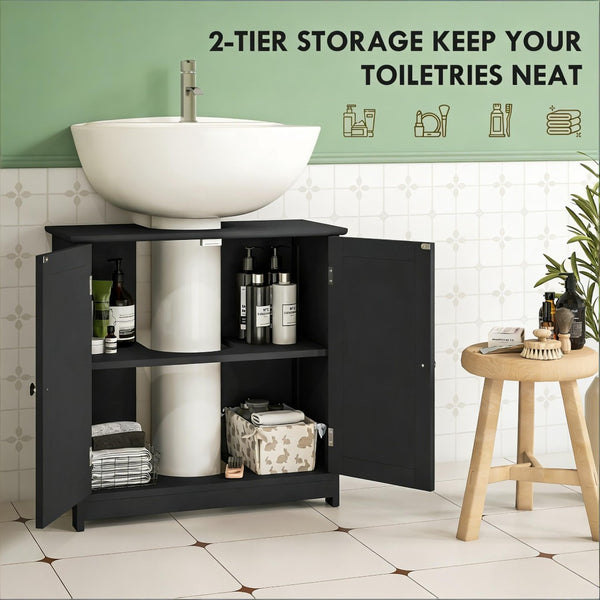English Elm Bathroom Pedestal Sink Surround Cabinet Matte Black Mdf Double Door Storage T3971P440234