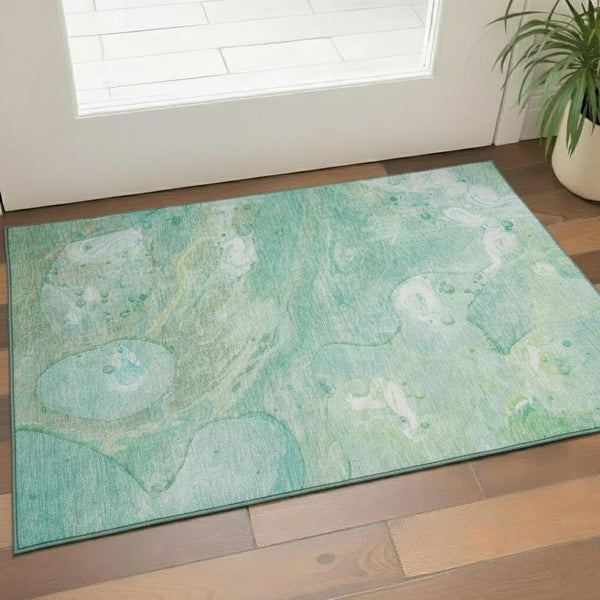 HomeRoots 5' X 8' Teal and Ivory Abstract Area Rug - Washable, UV Protected, Durable for High-Traffic Spaces 708876