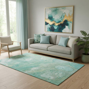 HomeRoots 8' Teal And Ivory Abstract Washable Round Rug - Durable, Stain Resistant, UV Protected for All Spaces 708877