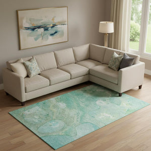 HomeRoots 10' X 14' Teal & Ivory Abstract Area Rug - UV Resistant, Stain-Proof, Easy-Care for Modern Homes 708880