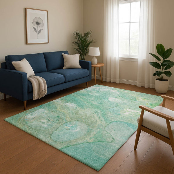 HomeRoots 10' X 14' Teal & Ivory Abstract Area Rug - UV Resistant, Stain-Proof, Easy-Care for Modern Homes 708880