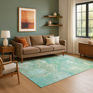 HomeRoots 10' X 14' Teal & Ivory Abstract Area Rug - UV Resistant, Stain-Proof, Easy-Care for Modern Homes 708880