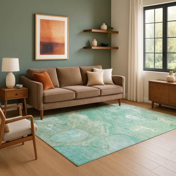 HomeRoots 10' X 14' Teal & Ivory Abstract Area Rug - UV Resistant, Stain-Proof, Easy-Care for Modern Homes 708880