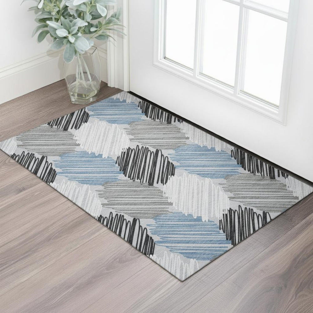 HomeRoots 5' X 8' Blue Ivory Gray Geometric Area Rug – Washable, Stain Resistant, UV Protected for Busy Homes 708882
