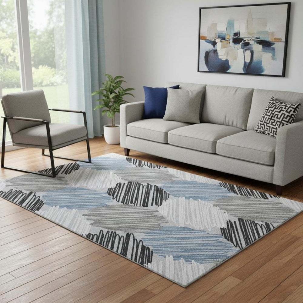 HomeRoots 8' Blue Ivory and Gray Geometric Round Rug – Washable, UV-Protected, Non-Slip for Modern Spaces 708883