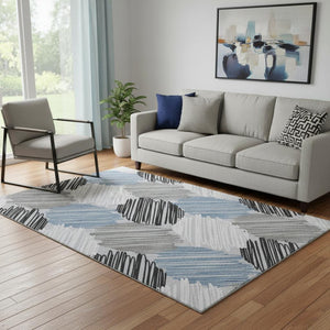 HomeRoots 8' Blue Ivory and Gray Geometric Round Rug – Washable, UV-Protected, Non-Slip for Modern Spaces 708883