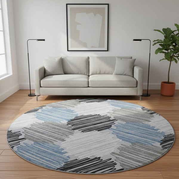 HomeRoots 8' X 10' Washable Blue Ivory Gray Geometric Area Rug with UV Protection for Modern Homes & Spaces 708884