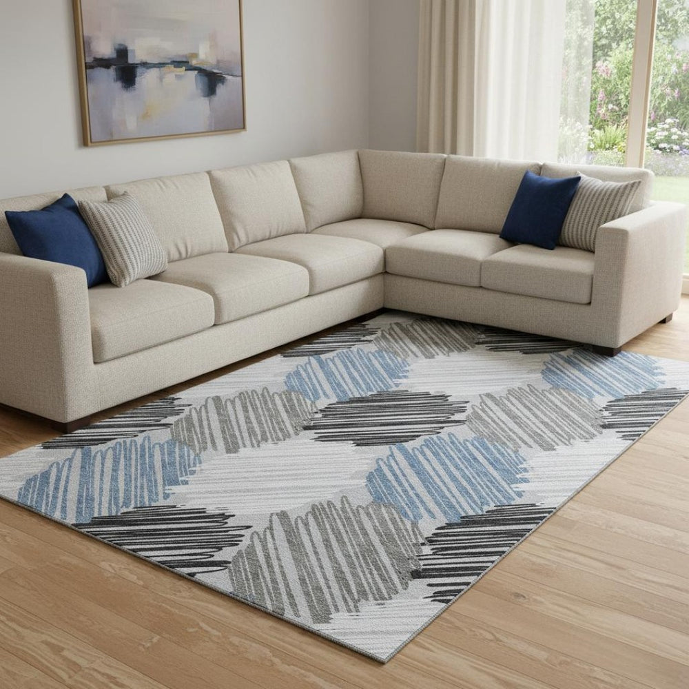 HomeRoots 9' X 12' Stylish Blue Ivory Gray Geometric Area Rug - Washable, Stain-Resistant & UV Protected! 708885